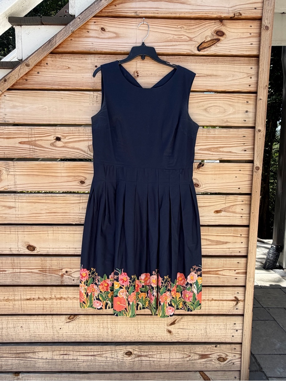 Chadwicks Navy Sleeveless Fit-and-Flare Dress with Floral Hem